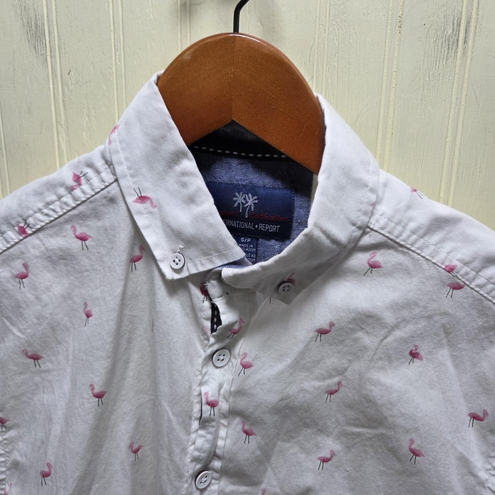 International Report‎ Shirt Mens Small White Flamingo Short Sleeve Button-Up
